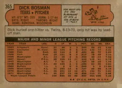 Vintage 1972 Topps Dick Bosman trading card back featuring Texas Rangers memorabilia