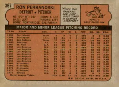 Back of 1972 Topps Ron Perranoski baseball card showcasing player stats and bio