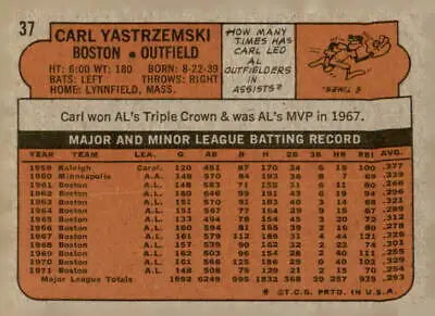 Vintage trading card back of Carl Yastrzemski Boston Red Sox 1972 Topps #37