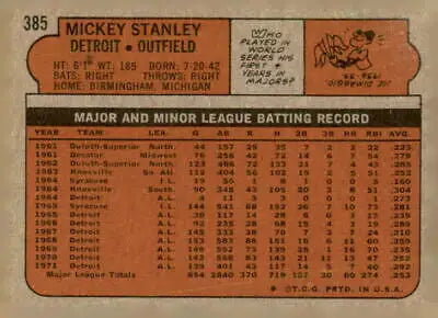 Vintage baseball card back of 1972 Topps #385 Mickey Stanley, Detroit Tigers trading card