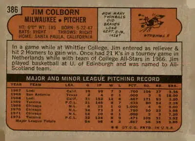 Back of 1972 Topps #386 Jim Colborn baseball card featuring his career stats and highlights