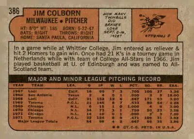 Vintage baseball card back of 1972 Topps #386 Jim Colborn, Milwaukee Brewers player