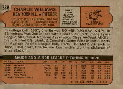 Vintage baseball card back of 1972 Topps #388 Charlie Williams trading card