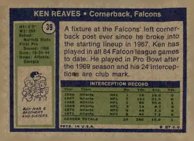 Vintage Ken Reaves football card from 1972 Topps featuring the Atlanta Falcons