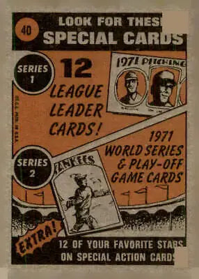 Vintage baseball card advertisement for 1972 Topps #40 Bob Barton sports trading card