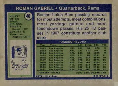Roman Gabriel football trading card from 1972 Topps #40 in EX-MT condition