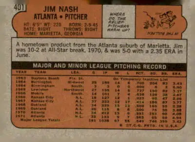 Back of the 1972 Topps Jim Nash baseball card showcasing Nash baseball card details