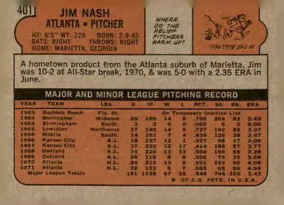Vintage baseball card back featuring Jim Nash of the Atlanta Braves from 1972 Topps