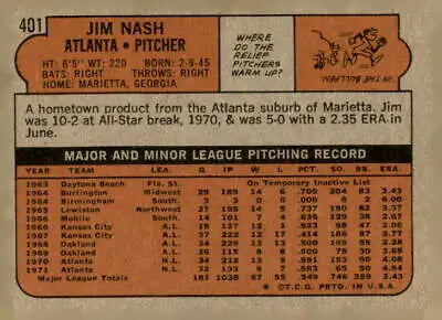 Vintage baseball card back of 1972 Topps #401 Jim Nash sports trading card