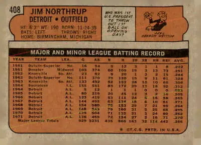 Back of 1972 Topps #408 Jim Northrup baseball card showcasing vintage design