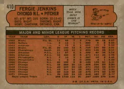 Vintage 1972 Topps #410 Fergie Jenkins baseball trading card back detail