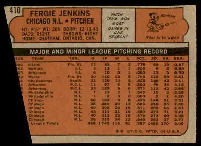 Vintage 1972 Topps Fergie Jenkins baseball card featuring Fergie Jenkins Jenkins baseball card