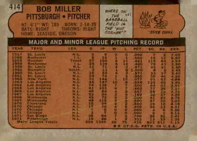 Back of 1972 Topps #414 Bob Miller EX-MT sports trading card showcasing vintage details