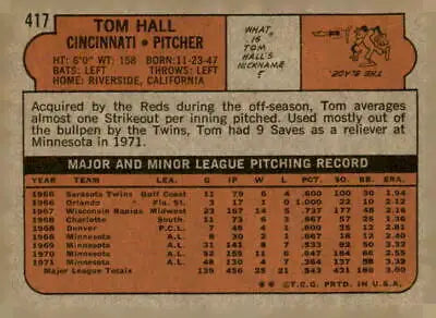 Back of 1972 Topps #417 Tom Hall baseball card featuring Cincinnati Reds player stats