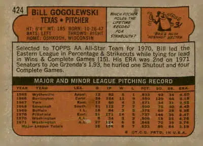 Vintage 1972 Topps #424 Bill Gogolewski baseball trading card back for sports trading collection