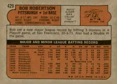 Bob Robertson baseball card back featuring trading card of Pittsburgh Pirates player