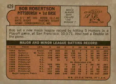 Vintage baseball card back of 1972 Topps #429 Bob Robertson, Pittsburgh Pirates trading card