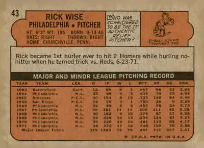 Vintage baseball card back of 1972 Topps #43 Rick Wise from the Philadelphia Phillies