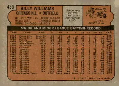 Vintage 1972 Topps #439 Billy Williams baseball card collectible for fans and collectors