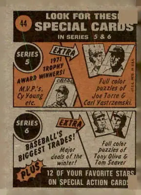 Vintage baseball card advertisement for 1972 Topps #44 Rick Wise sports trading card