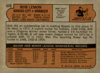 Vintage baseball card back featuring 1972 Topps #449 Bob Lemon trading card