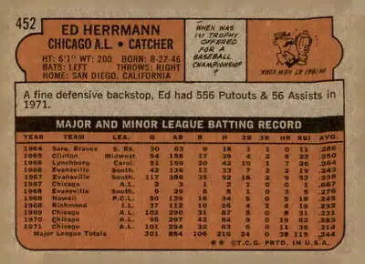 Ed Herrmann baseball card back from 1972 Topps Mickey Lolich baseball series