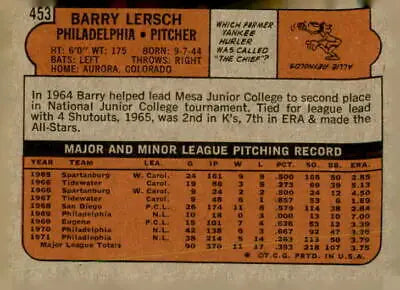 Vintage baseball card back from 1972 Topps Barry Lersch sports trading card collection