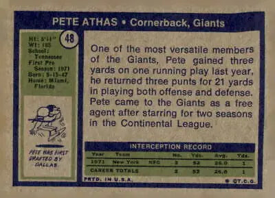 Vintage Pete Athas trading card from 1972 Topps #48 in EX-MT condition