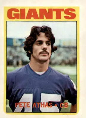 Pete Athas football card from 1972 Topps, featuring the York Giants player