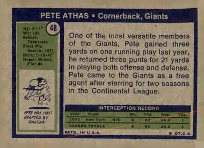 Vintage Pete Athas trading card from 1972 Topps #48 featuring Pete Athas football memorabilia