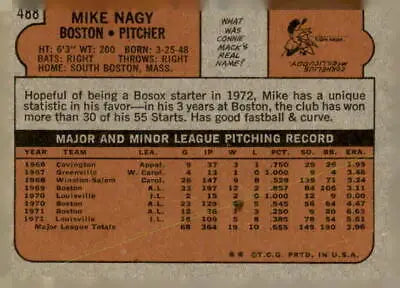Back of 1972 Topps #488 Mike Nagy sports trading card in a baseball trading card collection