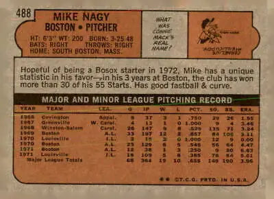 Vintage baseball card back of 1972 Topps #488 Mike Nagy, Boston Red Sox collectible