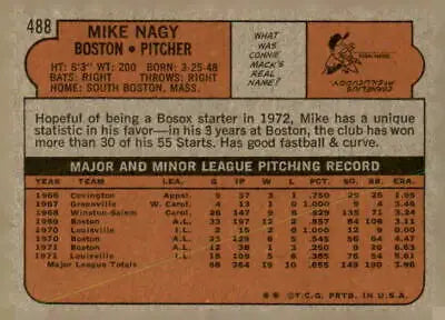Vintage baseball card back featuring Mike Nagy trading card from the Boston Red Sox 1972 Topps #488