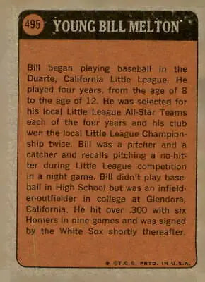 Vintage Chicago White Sox baseball card back from 1972 Topps Bill Melton EX-MT