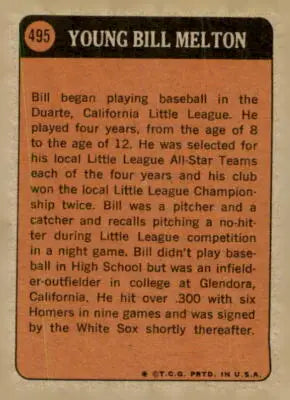 Vintage Chicago White Sox Bill Melton baseball card back from 1972 Topps #495