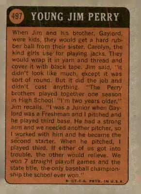 Vintage 1972 Topps Jim Perry EX-MT sports trading card back showcasing player stats