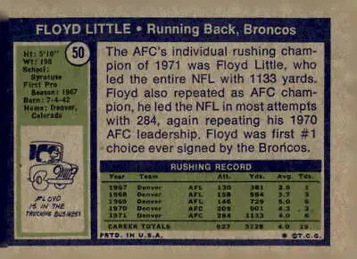 Clear image of 1972 Topps #50 Floyd Little trading card for Denver Broncos fans