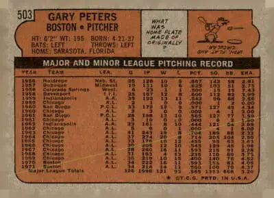 Vintage baseball card back of 1972 Topps #503 Gary Peters for sports trading enthusiasts