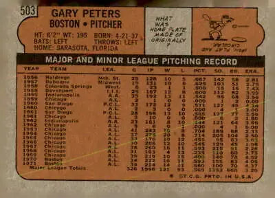 Baseball card statistics for 1972 Topps #503 Gary Peters, Boston Red Sox collectible