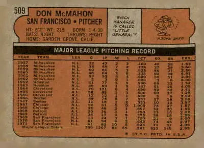 Vintage baseball card back featuring Don McMahon of the San Francisco Giants