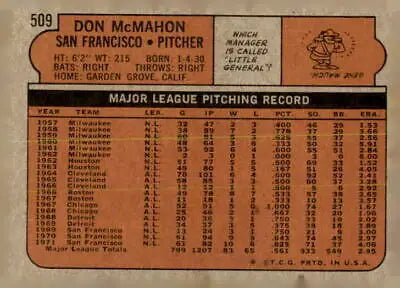 Vintage baseball card back of 1972 Topps #509 Don McMahon trading card