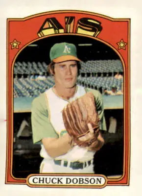 Chuck Dobson baseball card from 1972 Topps #523 featuring Chuck Dobson