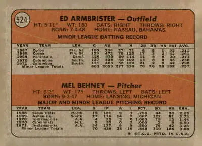 Vintage baseball card back of 1972 Topps #524 Rookie Stars featuring Mel Behney