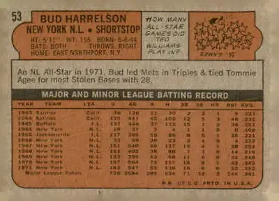 Back of 1972 Topps #53 Bud Harrelson baseball card featuring York Mets details
