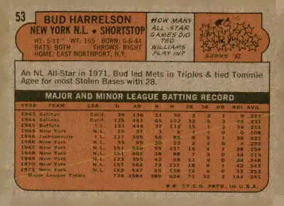 Vintage 1972 Topps #53 Bud Harrelson EX-MT baseball card back for York Mets player
