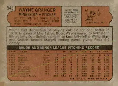 Vintage baseball card back of 1972 Topps #545 Wayne Granger, Minnesota Twins player