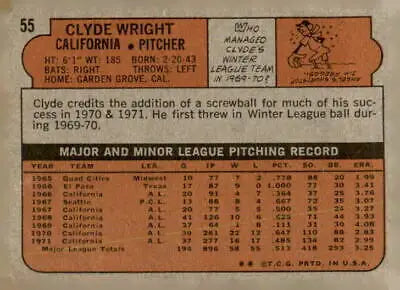 Clyde Wright baseball card back from 1972 Topps #55 sports trading card collection