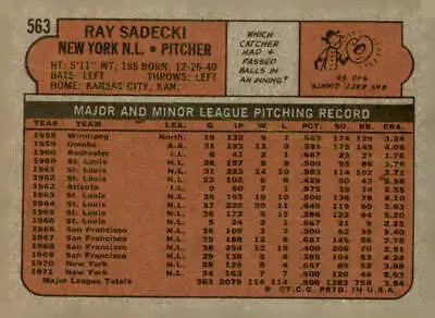Vintage 1972 Topps Ray Sadecki EX-MT baseball card back featuring York Mets details