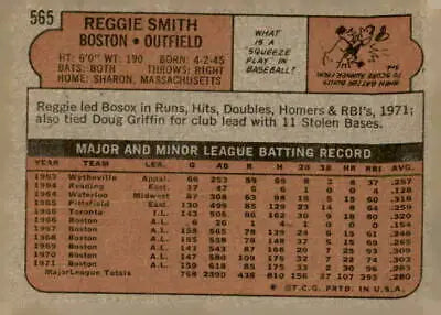 Reggie Smith baseball card back from 1972 Topps #565 featuring Boston Red Sox player