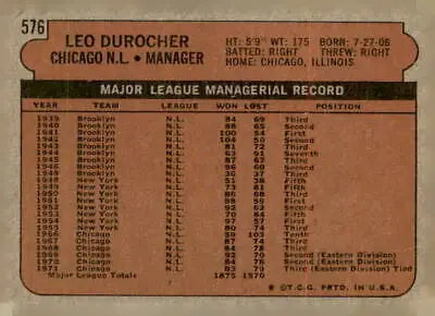 Leo Durocher managerial record on 1972 Topps #576 Leo Durocher sports trading card